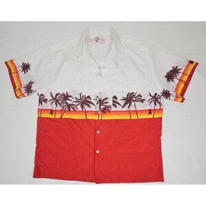 Shoreline Hawaiian Button‎ Up Shirt Mens XL. Red Vintage Palm Trees Ocean.